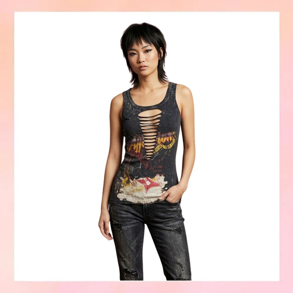 Affliction American Customs Graphic Tank Top Slashed Front Y2K Grunge